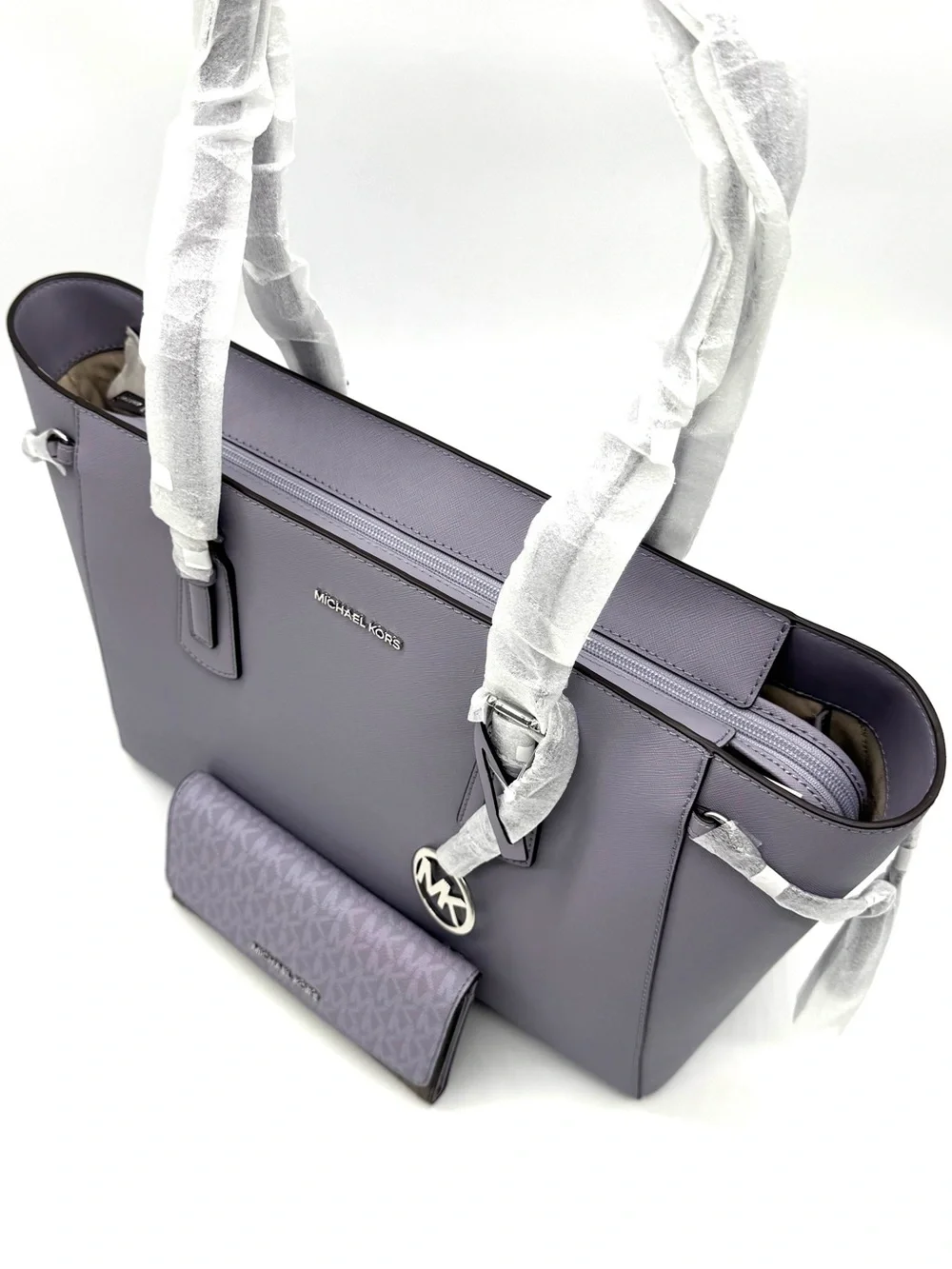Michael Kors Voyager Large Leather Tote Bag w Matching Trifold Wallet - Lilac